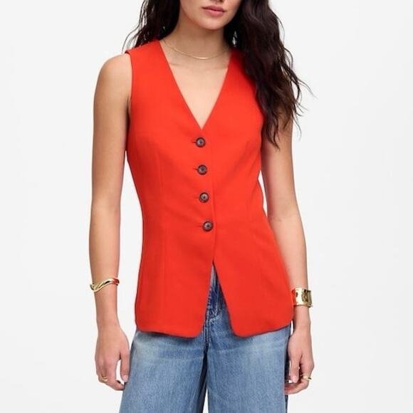 Madewell Tops - NWT Madewell Cutaway Long Button-Front Lined Vest Bright Flame Red Size 00